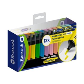 Kit com 12 Marcadores Fluorescentes Bismark de Longa Duração - Ponta Chanfrada de 2 a 5 mm (Aproximadamente) - Tinta à Base de Á
