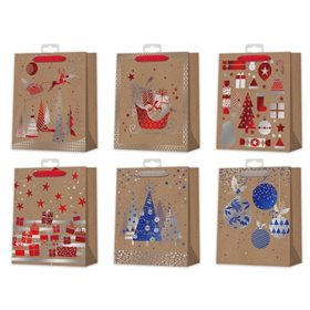 Sacola de Natal de Papel Kraft Bismark - Impressão Metalizada - 6 Modelos Diferentes