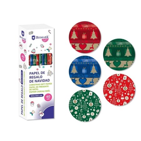 Rolo de Papel de Presente Metálico Natalino Bismark - Mede 100cm x 300cm - 5 Estampas Diferentes
