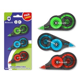 Pacote com 3 fitas corretivas Bismark 5mm x 8m - Perfeita adesão ao papel - Embalagem blister - Cores sortidas