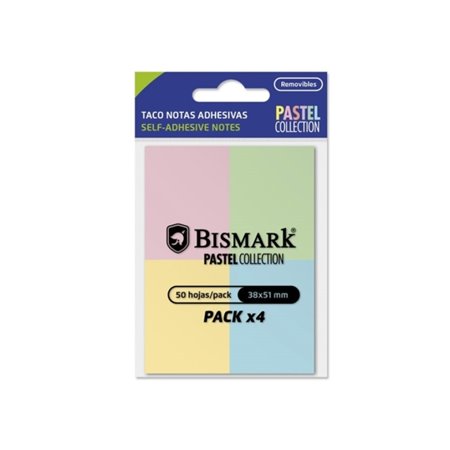 Bismark Pacote com 4 Blocos de Notas Adesivas de 50 Unidades cada - 38x51mm - 4 Cores Pastel