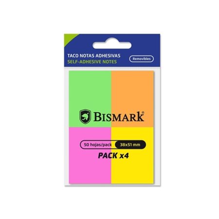 Bismark Pacote com 4 Blocos de Notas Adesivas de 50 Unidades cada - 38x51mm - 4 Cores Neon