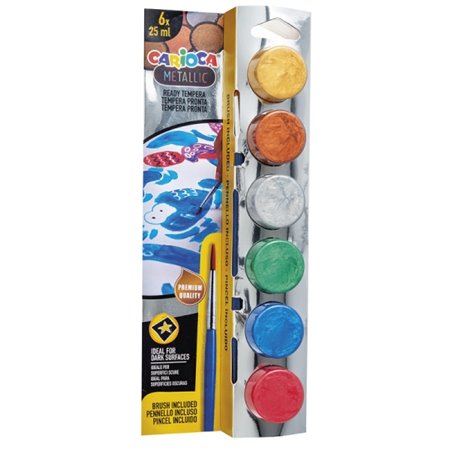 Carioca Metallic - Kit com 6 Tintas Têmpera em Potes de 25ml + Pincel - Super Laváveis - Misturáveis - Cores Metálicas Sortidas