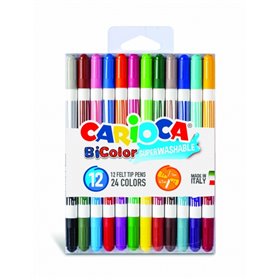 Conjunto de 12 Marcadores Bicolor Carioca - Duas Cores por Marcador - Tinta Super Lavável - Ponta Cônica para Escrita Dupla - Co