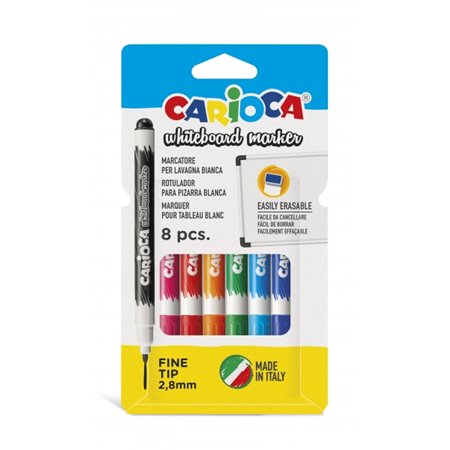 Conjunto de 8 Marcadores para Quadro Branco Carioca - Ponta Fina Ø 2,8mm - Secagem Rápida - Fácil de Apagar - Cores Sortidas