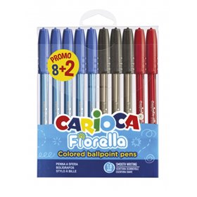 Conjunto de 8+2 Canetas Esferográficas Carioca Fiorella Ø 1mm - Corpo Transparente - Escrita Brilhante e Colorida - Cores Sortid
