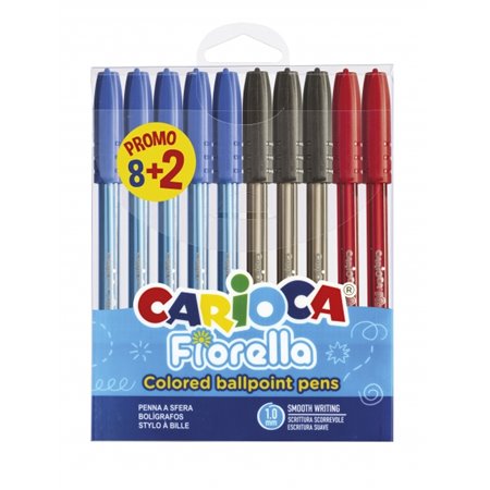 Conjunto de 8+2 Canetas Esferográficas Carioca Fiorella Ø 1mm - Corpo Transparente - Escrita Brilhante e Colorida - Cores Sortid
