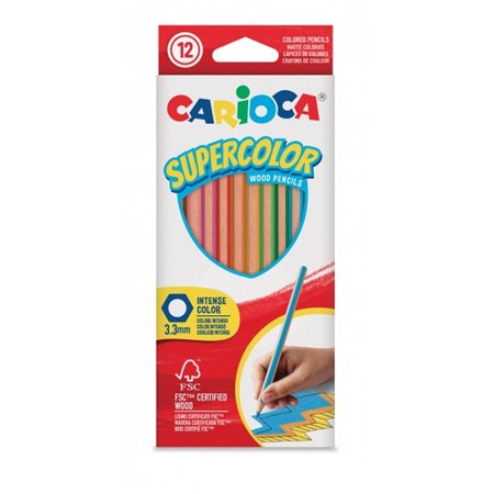 Conjunto de 12 lápis de cor Carioca Supercolor - Corpo hexagonal de madeira - Cores intensas e alta opacidade - Mina de 3,3 mm -