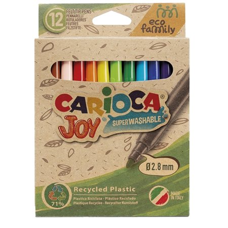 Carioca Joy Eco Pacote Família com 12 Marcadores de Ponta Fina 2,8mm - Tinta Super Lavável - Tampa Ventilada - Cores Sortidas