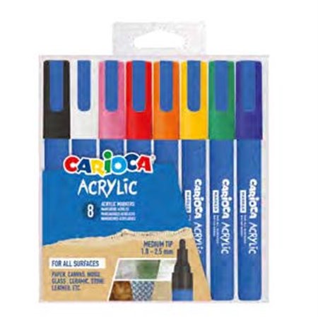Conjunto de 8 Marcadores de Tinta Acrílica Carioca - Ponta Redonda Média 1,8-2,5mm - Tinta à Base de Água - Alta Cobertura - Cor