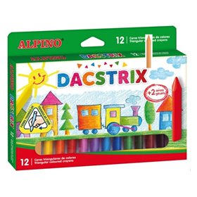 Conjunto de 12 giz de cera Alpino Dacstrix, semi-macios, em formato triangular, misturáveis, não mancham e em cores sortidas.