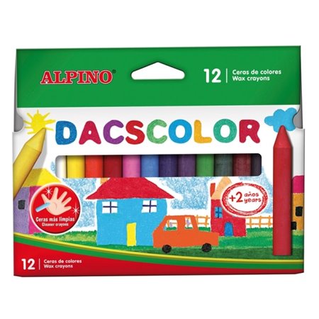 Conjunto de 12 giz de cera Alpino Dacscolor, semi-macios, misturáveis, não mancham e em cores sortidas.