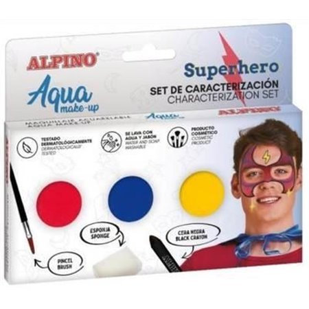 Conjunto de Maquiagem Alpino Aqua Superhero - 3 Estojos Compactos + Cera Preta + Pincel + Esponja