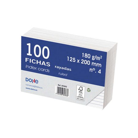 Fichas de índice em papel cartão offset branco Dohe - 180g - Pautadas - Pacote com 100 fichas