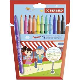Kit Stabilo Power Pack com 12 Marcadores Coloridos - Ponta Média de 2mm - Tinta Lavável - Tampa Ventilada - Cores Sortidas