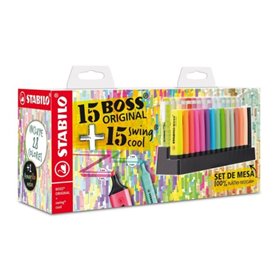Conjunto de marcadores Stabilo para mesa com 15 marcadores Stabilo Boss e 15 marcadores Swing Cool - Tinta à base de água - Core