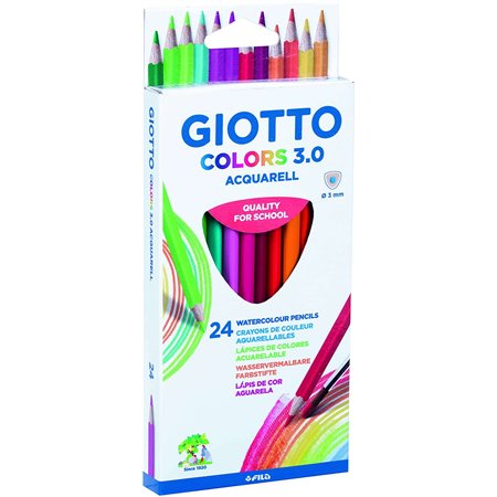 Giotto Colors Acquarell 3.0 - Pacote com 24 Lápis de Aquarela Triangulares - Mina de 3 mm - Madeira - Cores Sortidas
