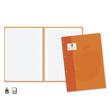 Pacote de Refil Extra Dourado com 80 Folhas, 90gsm, Quadriculado 4x4 - Formato A4 - 4 Furos e Faixa Laranja