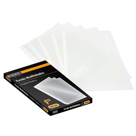 Pacote com 100 capas transparentes para documentos Ingraf, com 70 mícrons e múltiplos furos - Acabamento granulado