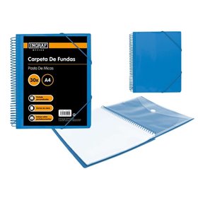 Pasta Ingraf A4 com 30 bolsos + envelope com fecho de pressão - Encadernação em espiral de plástico indeformável - Abertura de 3