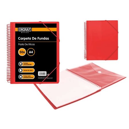 Pasta Ingraf A4 com 50 bolsos + envelope com fecho de pressão - Encadernação em espiral de plástico indeformável - Abertura de 3