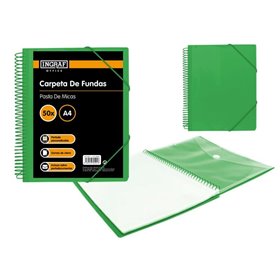 Pasta Ingraf A4 com 50 bolsos + envelope com fecho de pressão - Encadernação em espiral de plástico indeformável - Abertura de 3