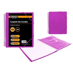 Pasta Ingraf A4 com 50 bolsos + envelope com fecho de pressão - Encadernação em espiral de plástico indeformável - Abertura de 3