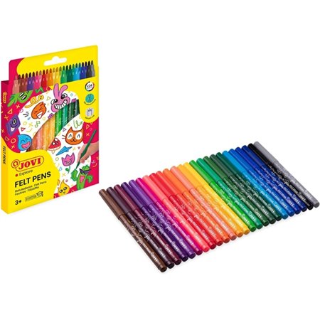 Conjunto de 24 Canetas de Feltro Jovi - Ponta de 3mm - Ampla Variedade de Cores - Tinta de Alta Fixação - Tampa Ventilada - Empu