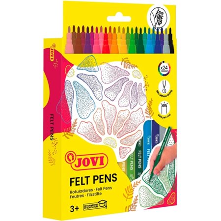Conjunto de 24 marcadores Jovi Felt Pens - Ponta de 2 mm - Ampla variedade de cores - Tinta de alta fixação - Tampa de segurança