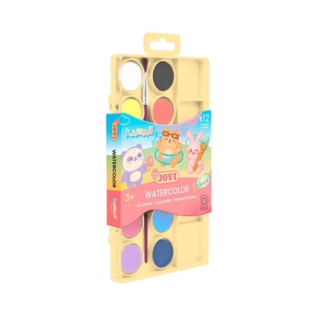Jovi Kawaii Kit com 12 pastilhas de aquarela de 22mm + pincel - Fácil de misturar - Cores Kawaii sortidas