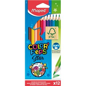 Maped Color'Peps Star - Pacote com 12 Lápis de Cor Triangulares - Mina Macia - Madeira com Certificação FSC - Cores Sortidas