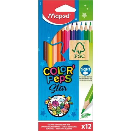 Maped Color'Peps Star - Pacote com 12 Lápis de Cor Triangulares - Mina Macia - Madeira com Certificação FSC - Cores Sortidas