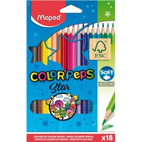 Maped Color'Peps Star - Pacote com 18 Lápis de Cor Triangulares - Mina Macia - Madeira com Certificação FSC - Cores Sortidas