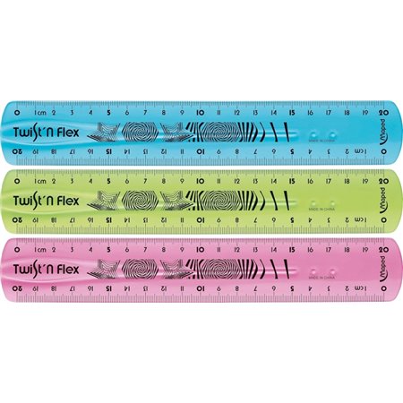 Régua flexível Maped Twist'n Flex de 20 cm - Inquebrável - Dupla graduação - Cores aleatórias: azul, rosa e verde