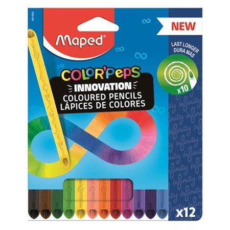 Maped Color'Peps Infinity - Pacote com 12 Lápis de Cor de Longa Duração - Feitos Inteiramente de Grafite - Cores Sortidas