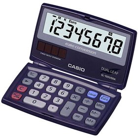 Calculadora de bolso Casio SL-100VERA com visor LCD extragrande de 8 dígitos, função conversor de euro e cor azul-escura.