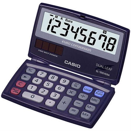 Calculadora de bolso Casio SL-100VERA com visor LCD extragrande de 8 dígitos, função conversor de euro e cor azul-escura.