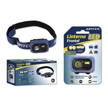 Lanterna de cabeça LED Jupiter 200lm + COB 50lm - À prova d'água IP65 - Faixa de cabeça ajustável - Funciona com 3 pilhas AAA (n