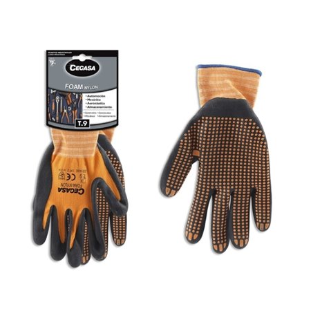 Luvas de trabalho Cegasa tamanho 9 - Fabricadas em nylon com revestimento de espuma e pontos de nitrilo na palma - Preto/Laranja