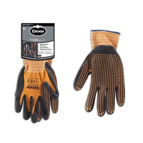 Luvas de trabalho Cegasa tamanho 10 - Fabricadas em nylon com revestimento de espuma e pontos de nitrilo na palma - Preto/Laranj