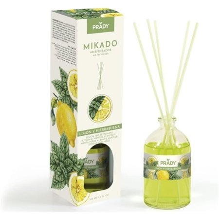 Aromatizador de ambiente Prady Mikado Limão e Hortelã - Frasco de vidro de 100ml e varetas difusoras