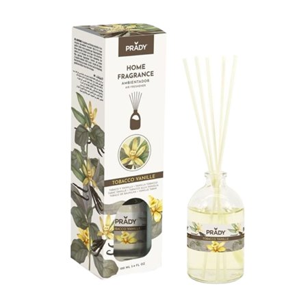 Aromatizador de ambiente Prady Mikado Tobacco Vanille - Frasco de vidro de 100ml e varetas difusoras