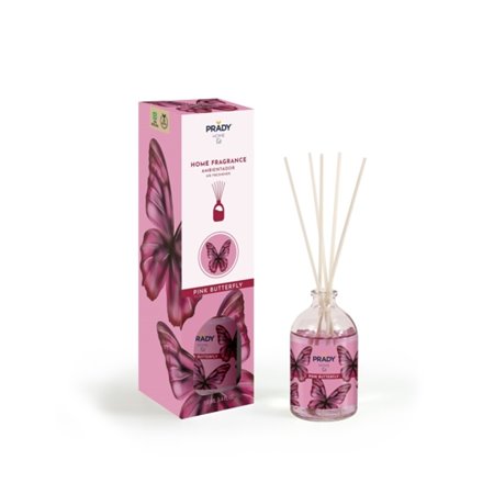 Aromatizador de Ambientes Prady Pink Butterfly Mikado - Frasco de Vidro de 100ml e Varetas Difusoras