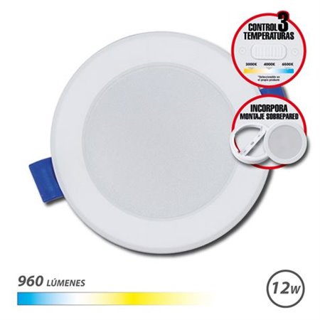 Luminária de embutir circular Elbat 12W - 960lm - Seletor de 3 temperaturas + Montagem na parede - Branca
