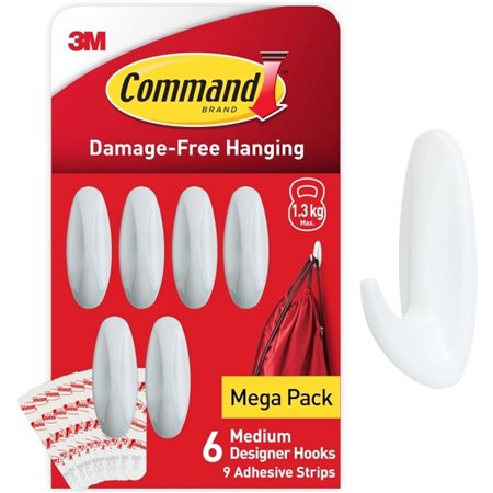 Conjunto de 6 ganchos Command de tamanho médio com 9 fitas adesivas - Suporta até 1,3 kg - Branco