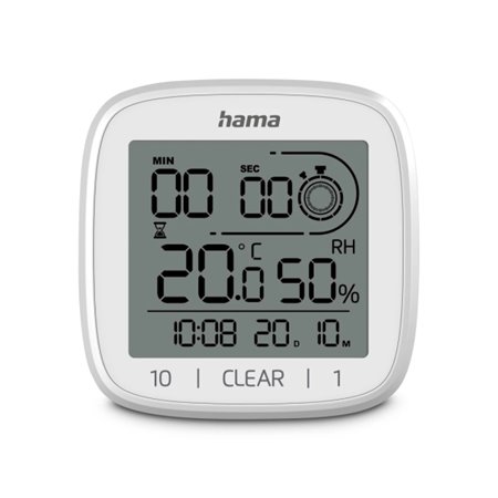 Relógio digital Hama Cyprus com ventosa - Termômetro - Higrômetro - IPX4 - Função de contagem regressiva - Data - 11x11x4,5cm - 