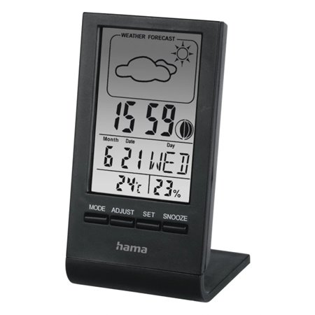 Medidor de temperatura e umidade Hama para ambientes internos - Visor digital - Relógio - Previsão do tempo - Indicador de fase 