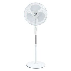 Ventilador de pedestal Muvip 45W com 3 pás, 3 velocidades, altura e inclinação ajustáveis, base reforçada e cor branca.