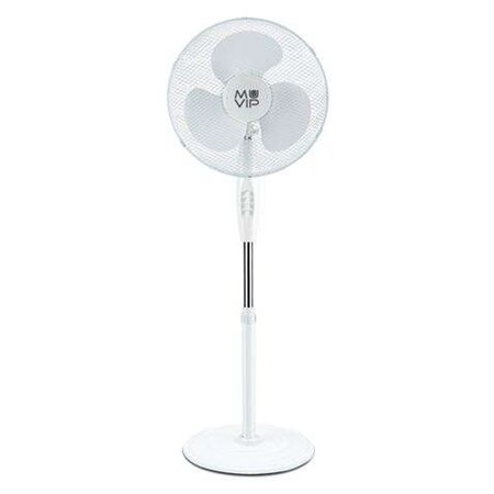 Ventilador de pedestal Muvip 45W com 3 pás, 3 velocidades, altura e inclinação ajustáveis, base reforçada e cor branca.
