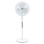 Ventilador de pedestal Muvip 45W com 3 pás, 3 velocidades, altura e inclinação ajustáveis, base reforçada e cor branca.